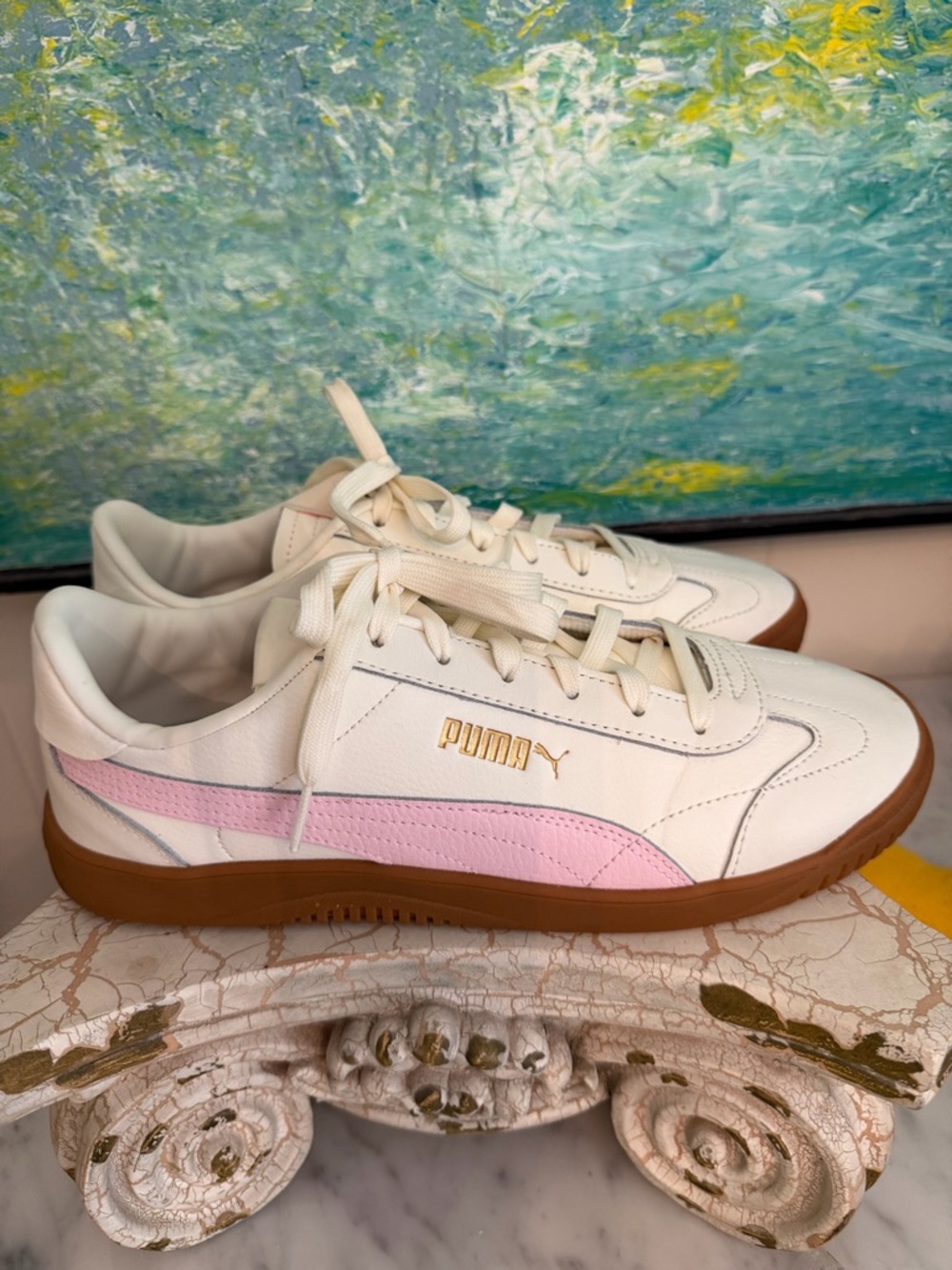 Puma White Sneakers with Pink Formstrip and Gum Sole